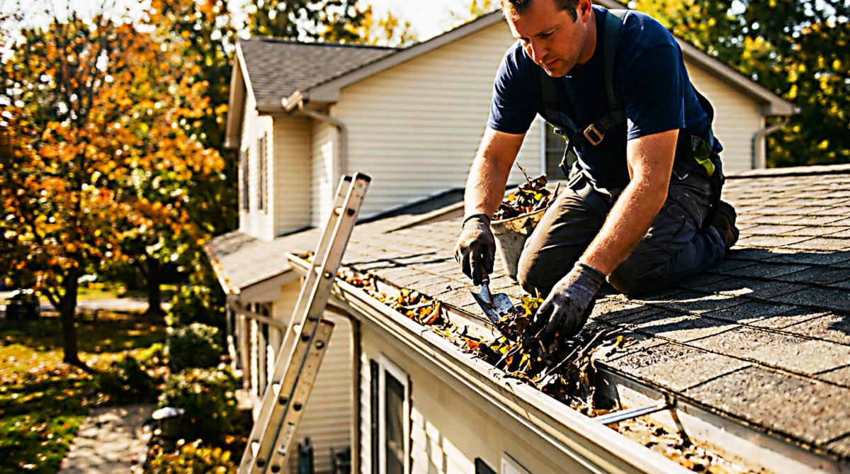 A worker removing leaves from a rain gutter by hand