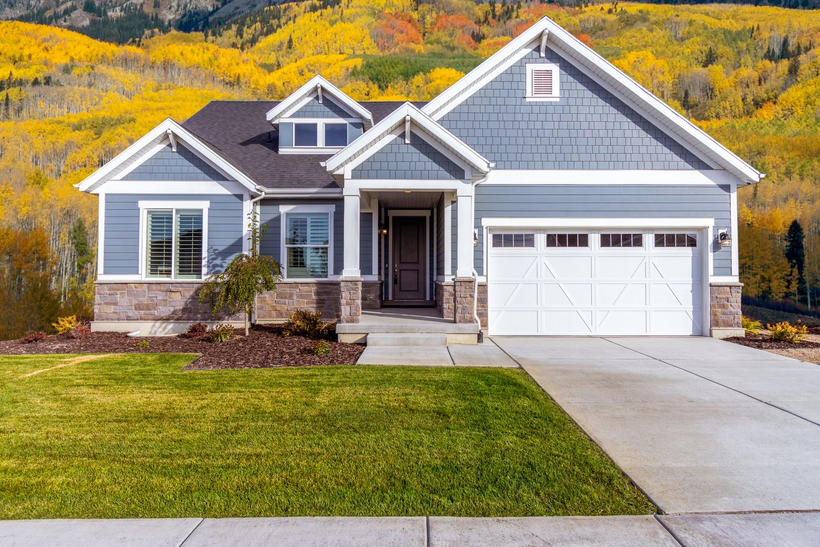 A tidy house and yard with autumn trees behind it